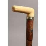 A GOOD 19TH CENTURY BONE HANDLED WALKING STICK 35ins long