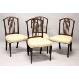 A SET OF FOUR HEPPLEWHITE DESIGN MAHOGANY DINING CHAIRS, with arched top, carved vertical tie