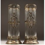 A GOOD PAIR OF TALL FRENCH GLASS CIRCULAR VASES with silver decoration 13ins high.