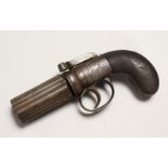 A PEPPER POT SIX SHOT HAND GUN with percussion cap, engraved silver trigger and guard, with cross