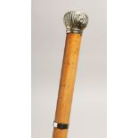 A BAMBOO WALKING CANE with silver handle 35ins long