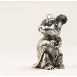A SMALL HAND CAST SILVER SEATED MOUSE Mark 84 I.P. 2ins high.