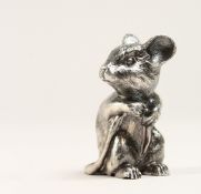 A SMALL HAND CAST SILVER SEATED MOUSE Mark 84 I.P. 2ins high.