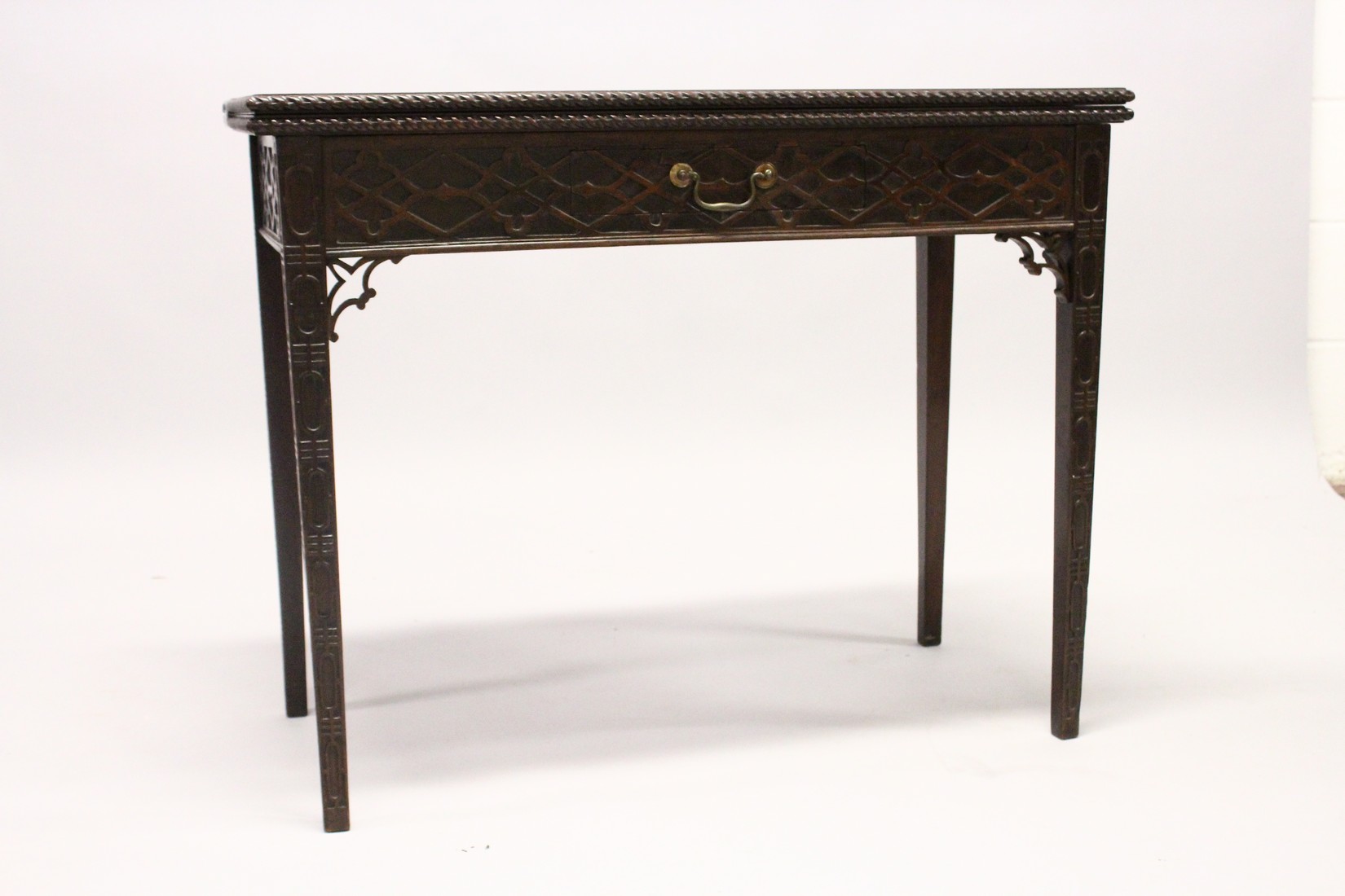 A GOOD GEORGE III MAHOGANY RECTANGULAR FOLDING TOP TEA TABLE with blind fret, curving and single - Image 2 of 7