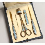 A SILVER AND ENAMEL TRAVELLING VANITY SET in a leather case "Athenes".
