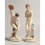 TWO 19TH CENTURY CAPODIMONTE CLASSICAL FIGURES, discus thrower and nude. Mark Crown N 7 ins high.