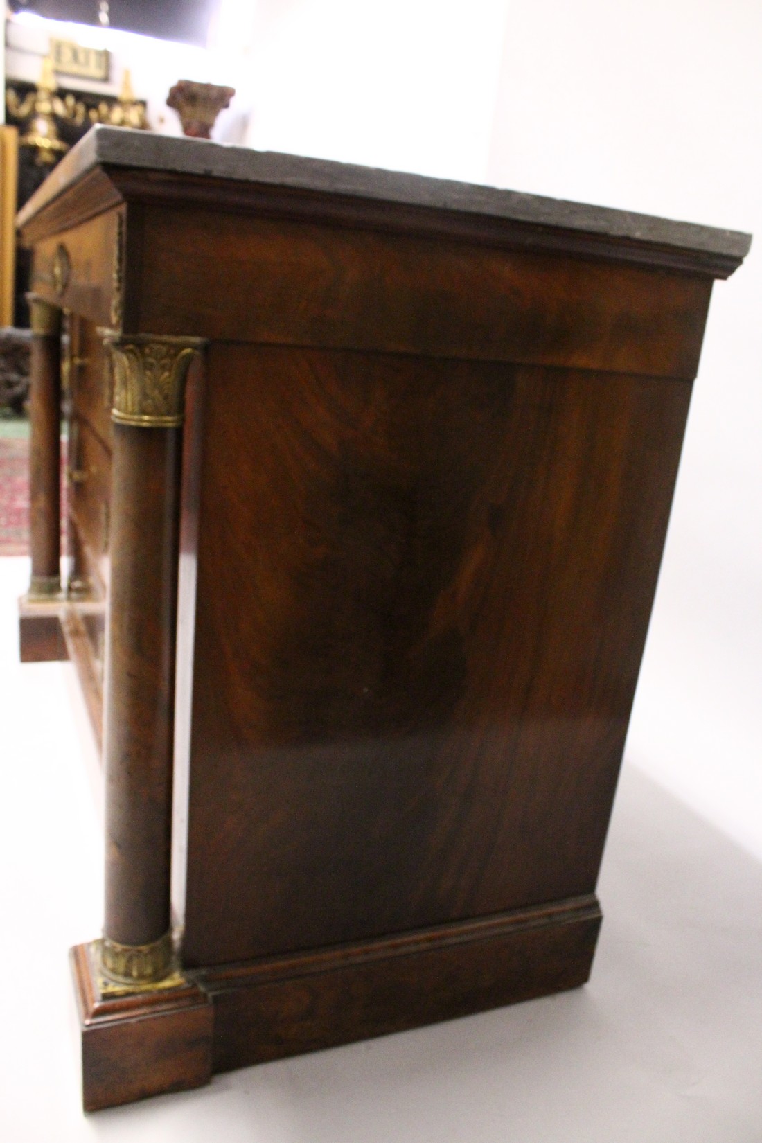 A GOOD 19TH CENTURY FRENCH MAHOGANY, ORMOLU AND MARBLE COMMODE, with a grey veined rectangular - Image 13 of 18