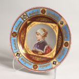 A VERY GOOD 19TH CENTURY VIENNA CIRCULAR PORTRAIT DEEP DISH with blue border and portrait of a young
