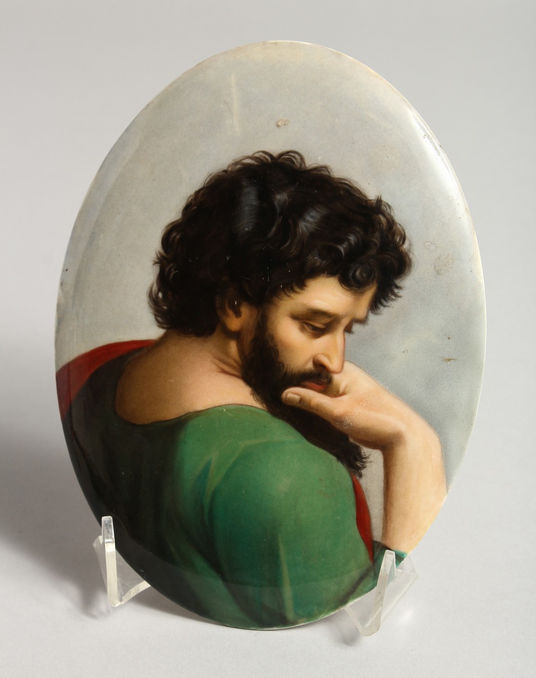 A GOOD GERMAN PORCELAIN OVAL PLAQUE of a bearded man 7ins x 5ins.