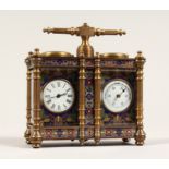 AN UNUSUAL BRONZE AND CHAMPLEUVE ENAMEL DOUBLE CARRIAGE CLOCK / BAROMETER. 5ins wide.