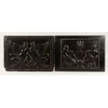 AN EARLY PAIR OF CARVED METAMORPHIC BLACK WOODEN PANELS. The Devil 13ins x 18ins.