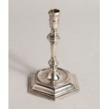 A GOOD GEORGE I TAPER STICK on hexagonal base 4.25ins high London 1721 Maker Joseph BIrd