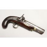 A PERCUSSION CAP HAND GUN with engraved octagonal barrel, 5.5ins long by RICHARD HOLLIS of LONDON.