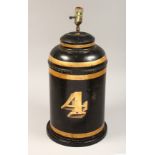 AN OLD BLACK JAPANESE TEA CANNISTER with gilded decoration, converted to a lamp. 22ins high.