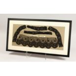 FIVE PIECES OF BLACK CHANTILLY LACE, framed and glazed. 9.5ins x 22ins.