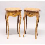A PAIR OF FRENCH STYLE BURR WOOD SINGLE DRAWER BEDSIDE TABLES on cabriole legs 1ft 5.5ins wide x