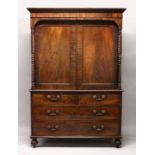 A 19TH CENTURY LINEN PRESS, with a moulded cornice above a pair of panelled doors with tuned