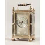A SUPBERB MAPPIN AND WEBB BI-CENTENARY SILVER CARRIAGE CLOCK with engraved front, column sides and