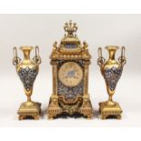 GOOD 19TH CENTURY FRENCH GILT METAL AND ENAMEL THREE PIECE CLOCK SET. The clock with blue enamel