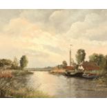 Willem Kroon (b.1946-2001) Dutch, Tranquil Dutch river scene with moored boats, oil on canvas,
