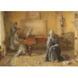 Follower of George John Pinwell (1842-1875) 'The old songs', interior scene with figures by a piano,