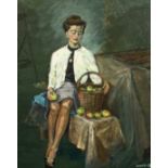 R. Harland (Mid-20th Century), Study of a lady holding an apple, oil on canvas, signed, 16" x 20".