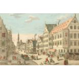 Two 18th Century hand-coloured engraved views of Augsburg, 13" x 16" and a hand coloured aquatint of