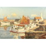 Mogens Ege (1892-1946) Danish, fishing boats moored in a harbour, oil on canvas, signed, 27.75" x