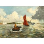 A. Charles (20th Century), Shipping leaving port, oil on panel, signed, 24" x 33".