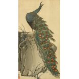 Early 20TH Century, Peacock on a rock, Japanese woodblock, signed and with two small red seals,