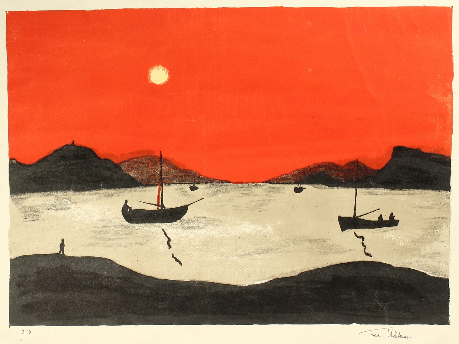 Fred Uhlman, Boats by moonlight with a red sky, lithograph, signed in ink and numbered 9/10, 10.