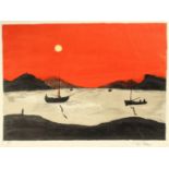 Fred Uhlman, Boats by moonlight with a red sky, lithograph, signed in ink and numbered 9/10, 10.