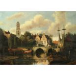 Continental School, Canal scene with boats and figures on a bridge, possibly Belgium, oil on canvas,