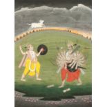 Pahari School, a battle scene with a female warrior and a multi-limbed male warrior, 10.5" x 8", (