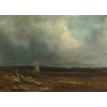 19th Century School, A study of a windmill in an extensive landscape, oil on oak panel, indistinctly