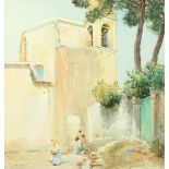 R.H. Kitson (20th Century) A Moroccan scene with a bell tower and women in the foreground,