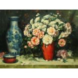 D. Morton (20th Century), An impressionist still life of mixed flowers and a blue and white vase,