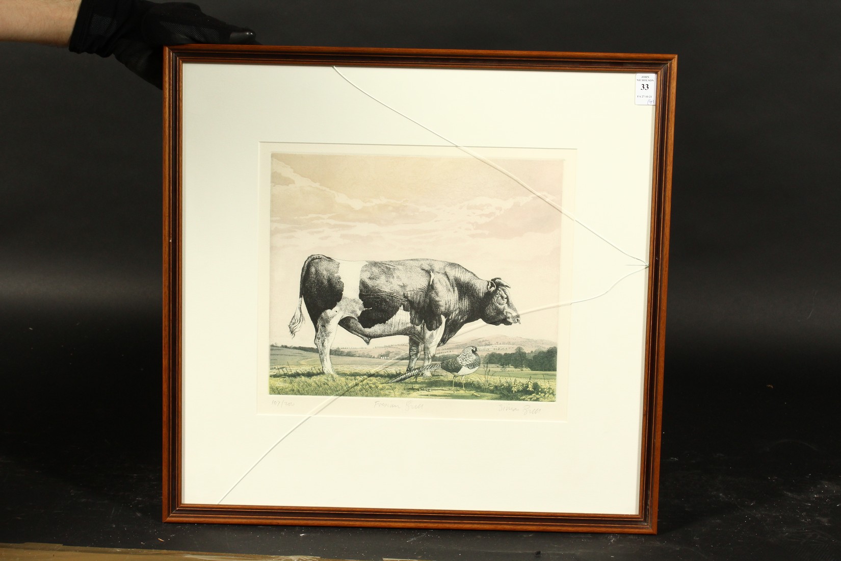 Simon Bull, 'Friesian Bull', etching, inscribed, signed in pencil and numbered 107/200, 10.5" x 11. - Image 4 of 6