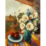 Valter Berzins (1925-2009), A still life study of mixed flowers and apples with buildings beyond,