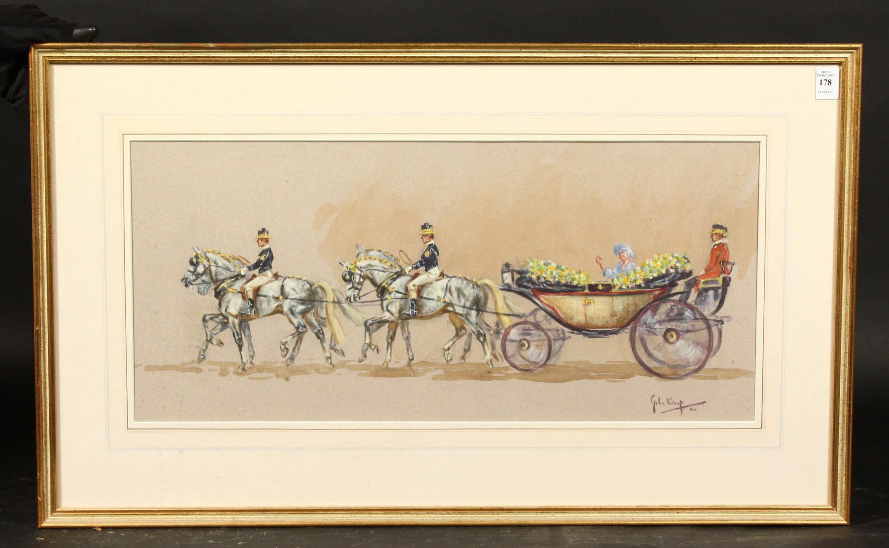John King (1829-2014) British, A scene of the Queen Mother in an open top horse drawn carriage - Image 2 of 4