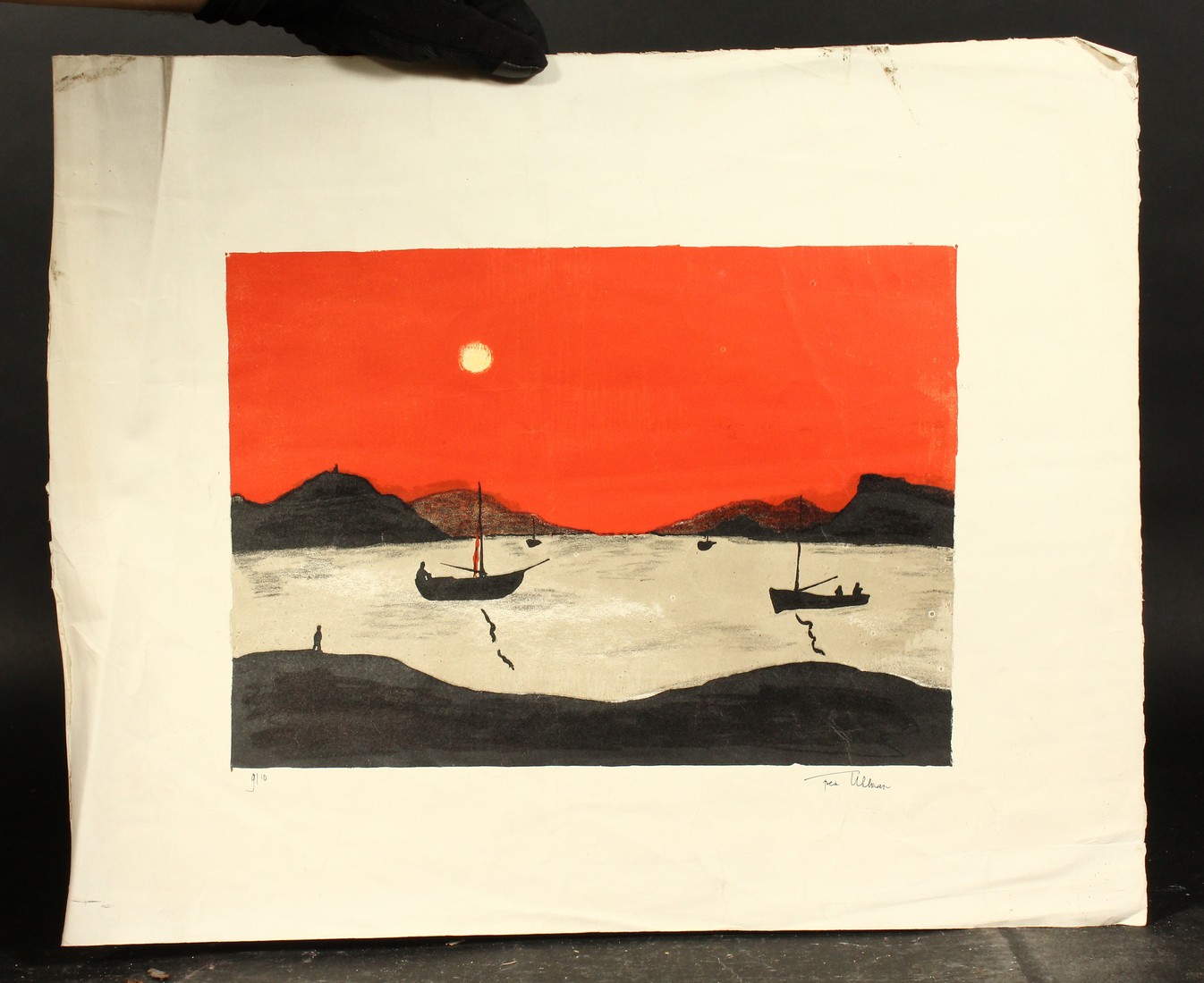 Fred Uhlman, Boats by moonlight with a red sky, lithograph, signed in ink and numbered 9/10, 10. - Image 2 of 3