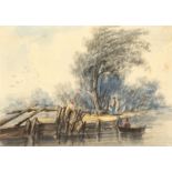 Attributed to Alfred Vickers (1786-1868) British, Figures on a riverbank, watercolour, inscribed