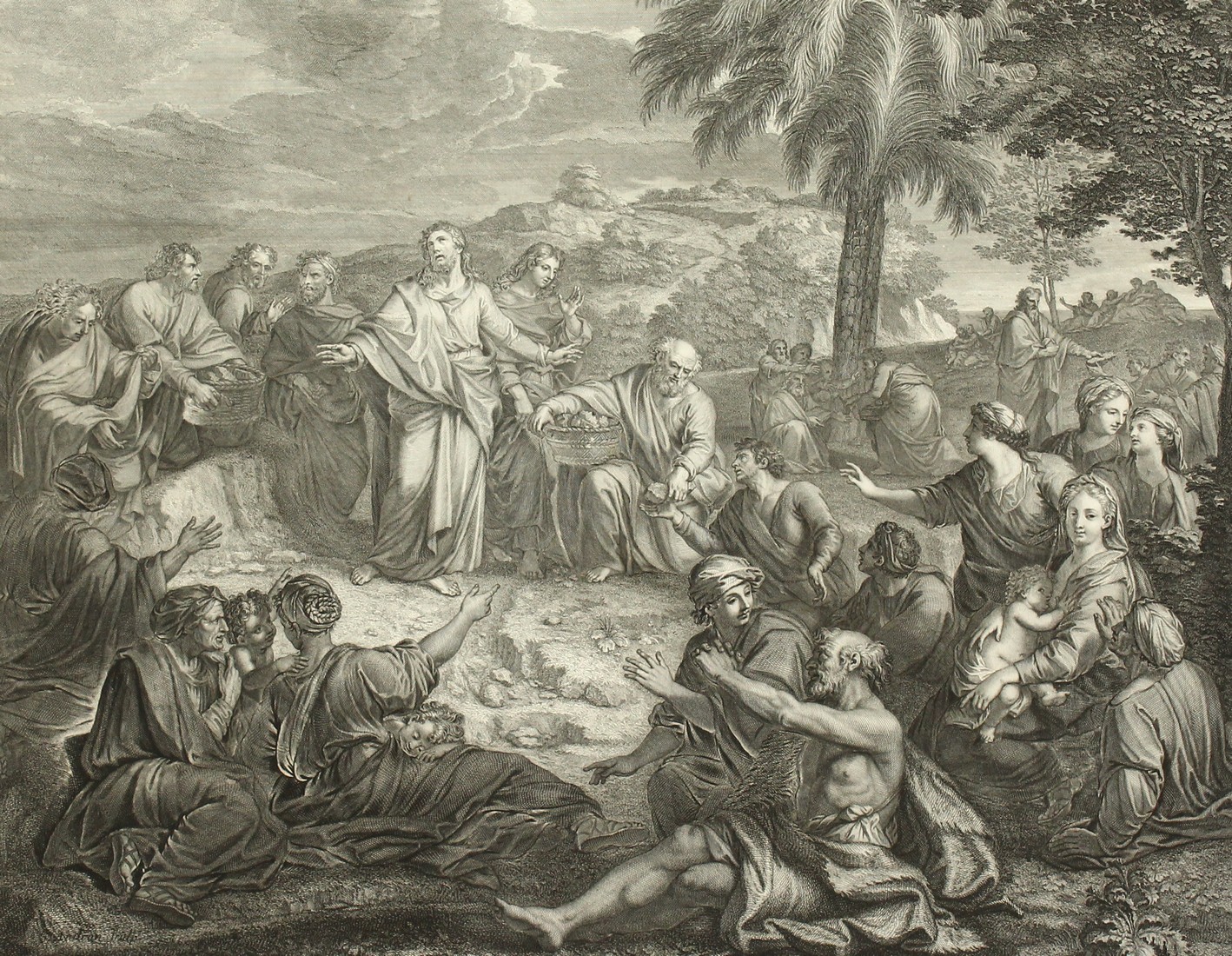 An antique engraving of Christ feeding the five thousand, 22.5" x 28", along with another similar.