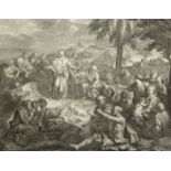 An antique engraving of Christ feeding the five thousand, 22.5" x 28", along with another similar.