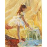 Alexander Averin (b.1953) Russian, 'Tying My Shoe', oil on canvas, 10.5" x 8.5", 27x22cm