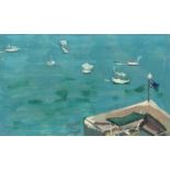 Australian School 20th Century, Boats moored outside the harbour wall, gouache, indistinctly