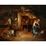 C. Whitfield (20th Century), Stable interior with a female figure feeding goats, oil on board,