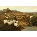 Frans Van Leemputten (1850-1914) Belgian, A shepherdess and her flock by a river, oil on canvas,