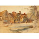 John Terris, 'Shere Village, Surrey', figures outside a terrace of houses, watercolour, signed, 9.