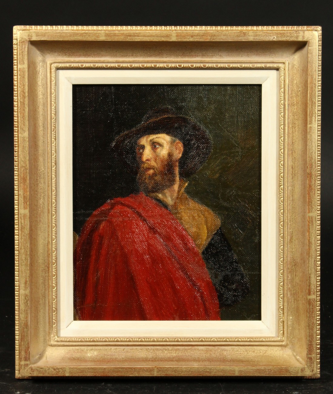 19th/20th Century English School, A portrait of a gentleman with a red cloak, oil on canvas laid - Image 2 of 5